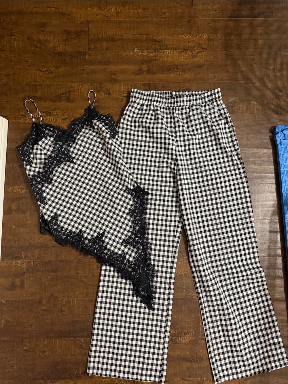 Black & White Gingham Set Wide-Leg Pants - Women